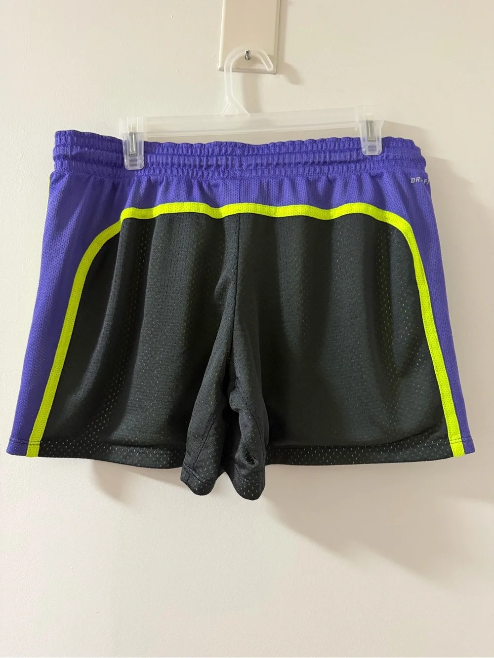Nike Black Athletic Shorts with Purple Waistband and Neon Yellow Drawstring